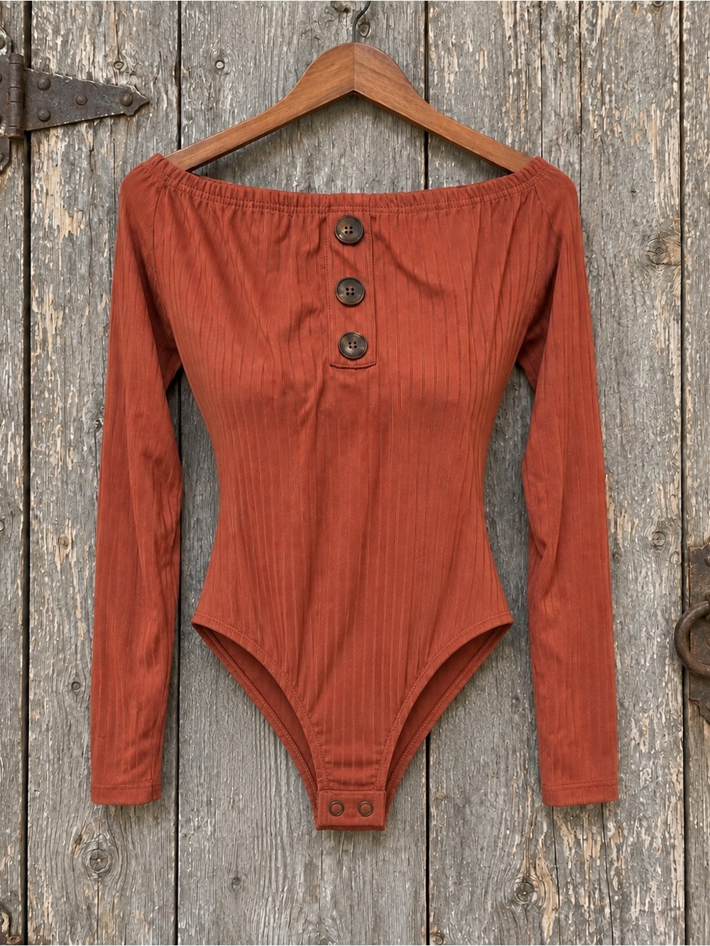 Off-Shoulder Ribbed Henley Top in Rust - Picture 2 of 3